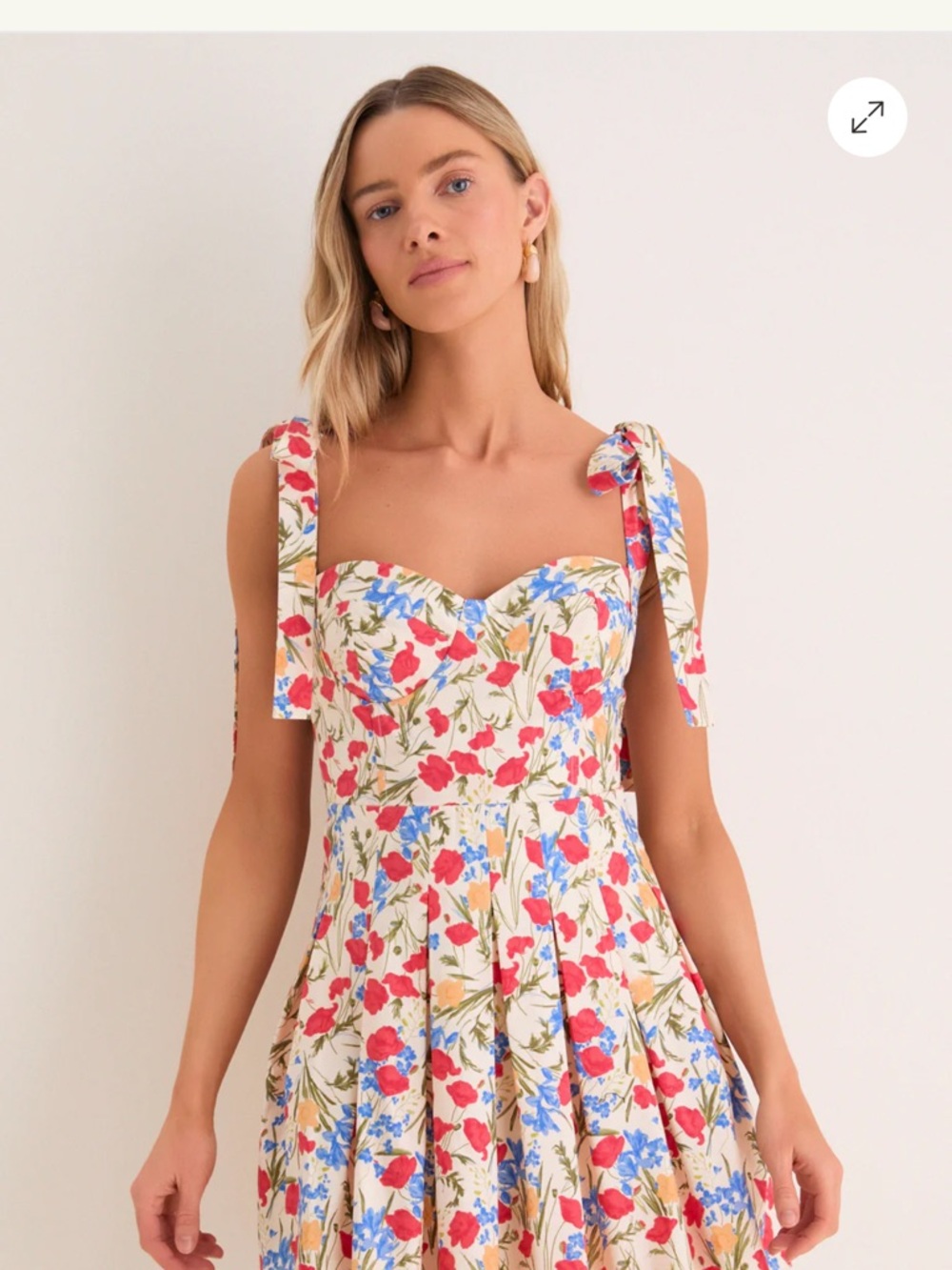 Floral Tie-Shoulder Mini Dress in Cream with Red & Blue Blooms